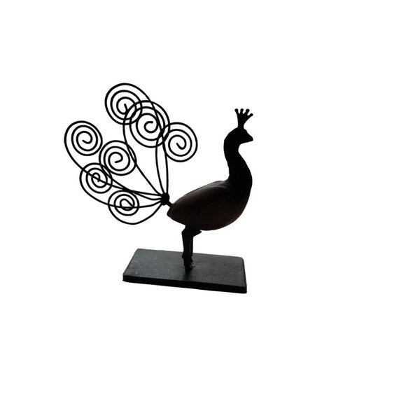 Peacock Wood Metal Figurine Sculpture on Base Decorative Desk Note Holder - Picture 5 of 5